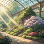 Interior view of a bright, sunny greenhouse filled with lush green plants and colorful flowers, repr...