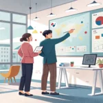 Illustration of two office workers in a Korean setting planning a brainstorming session, indicated b...