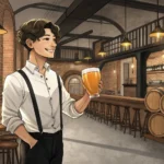 A Korean waiter recommending a glass of craft beer to a customer inside a modern brewery, illustrati...