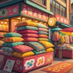 Stacks of colorful cushions at a vibrant Korean market stall, symbolizing asking for a bulk discount...