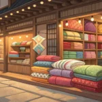 Stacks of colorful traditional Korean blankets in a cozy shop setting, symbolizing shopping for bedd...