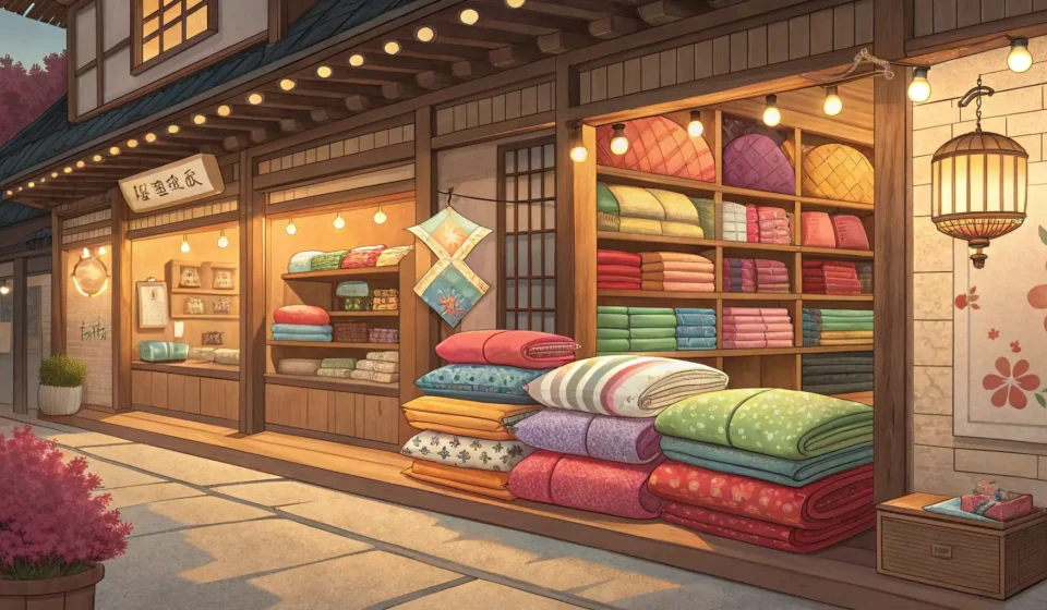 Stacks of colorful traditional Korean blankets in a cozy shop setting, symbolizing shopping for bedd...