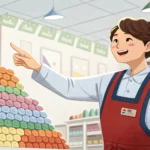 Illustration of a Korean night market stall where a shop clerk shows a large pile of colorful socks...