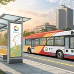 Illustration comparing a Korean city bus at a stop and a subway train arriving at a station, represe...