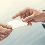 Illustration showing the polite exchange of business cards between two pairs of hands, symbolizing K...