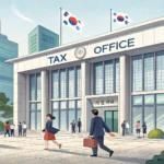 Illustration of a modern Korean tax office building, representing applying for a Korean business reg...