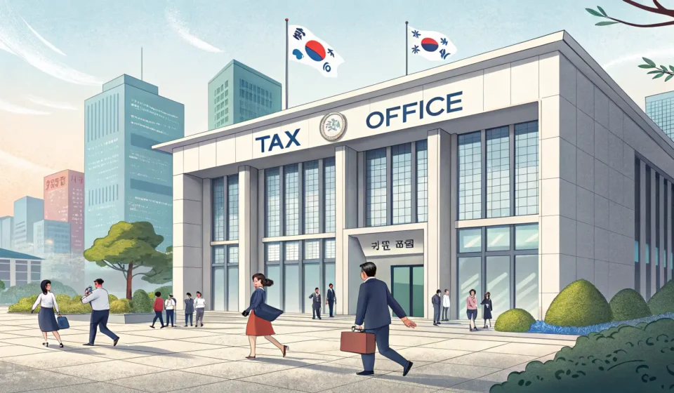 Illustration of a modern Korean tax office building, representing applying for a Korean business reg...
