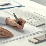 Hands filling out a form on an office desk next to a suitcase, symbolizing preparing a Korean busine...