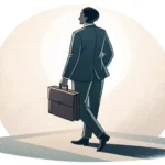 Illustration of a business person with a briefcase overlooking the Seoul, South Korea skyline, repre...