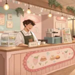 Illustration of a Korean barista handing coffee to a customer in a cozy cafe decorated with subtle m...