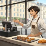 Illustration of a Korean barista and customer chatting amiably in a cafe, with a view of a park outs...