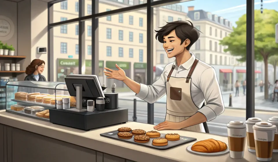 Illustration of a Korean barista and customer chatting amiably in a cafe, with a view of a park outs...