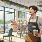 Illustration of a Korean barista politely explaining the available coffee sizes (small and regular)...