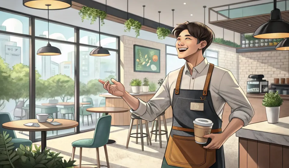 Illustration of a Korean barista politely explaining the available coffee sizes (small and regular)...