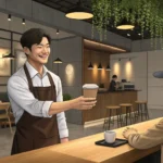 Smiling Korean barista interacting with a customer in a bright, contemporary Korean cafe setting, sy...