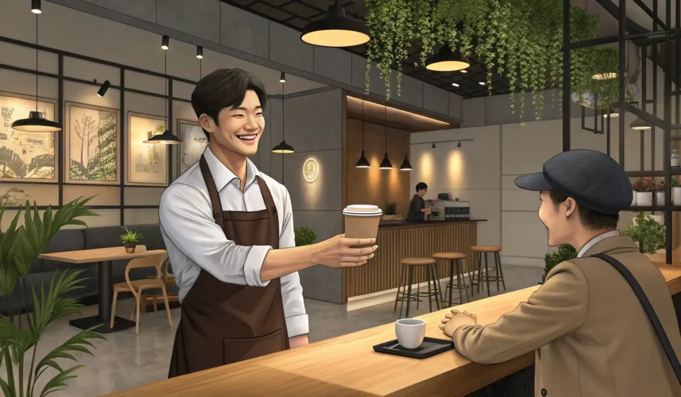 Smiling Korean barista interacting with a customer in a bright, contemporary Korean cafe setting, sy...