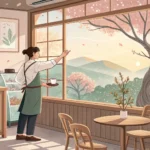 Interior view of a cozy Korean cafe with a barista and customer looking out the window at a modern s...