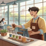 A Korean barista hands coffee to a customer in a modern cafe setting, representing a casual conversa...