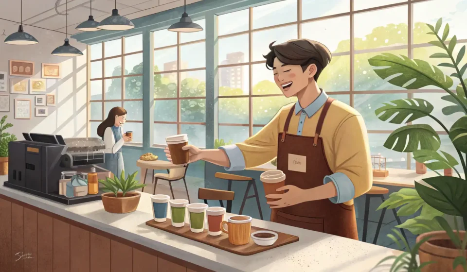 A Korean barista hands coffee to a customer in a modern cafe setting, representing a casual conversa...