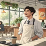 A smiling Korean barista in a modern cafe offers a coffee cup, illustrating polite customer service...