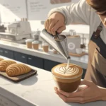 Close-up of a barista's hands adding a large swirl of whipped cream to a coffee drink inside a moder...