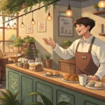 A Korean barista cheerfully talking with a customer in a bright, cozy cafe, illustrating a Korean la...