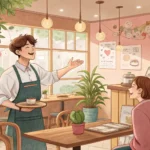 Illustration of a friendly barista in a cozy Korean café showing board games to an interested custom...