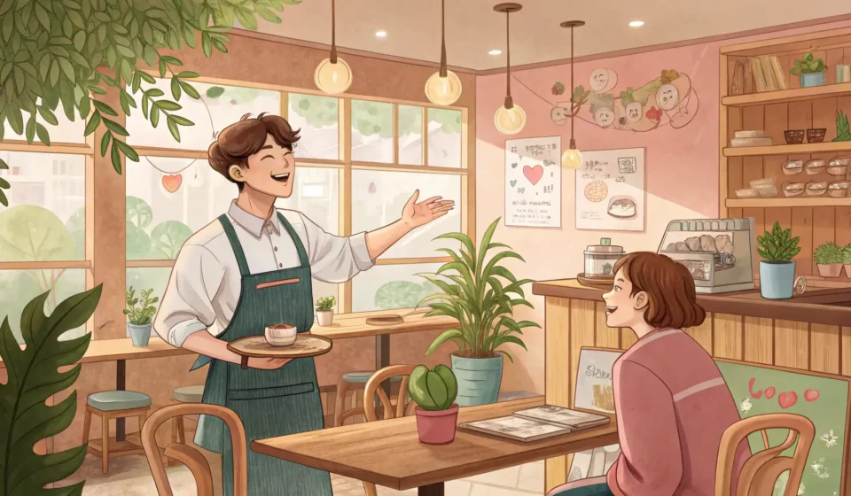 Illustration of a friendly barista in a cozy Korean café showing board games to an interested custom...