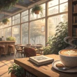 A steaming latte rests on a counter inside a cozy Korean cafe, with a foggy morning scene visible th...