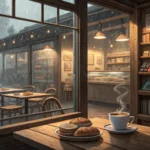 A steaming mocha sits on a counter inside a cozy Korean cafe, viewed through a rain-streaked window...