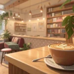 A steaming coffee cup with latte art sits next to two movie ticket stubs on a wooden counter in a br...