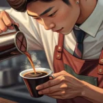 A Korean barista pours coffee into a glass without adding ice, representing a 'no ice' drink order i...