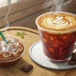 Close-up of an iced americano and a hot latte with latte art on a table in a modern Korean cafe sett...