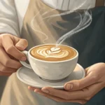 Hands of a Korean barista presenting a flat white coffee with latte art across a cafe counter, symbo...