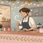 Friendly Korean barista preparing a tea beverage in a modern Korean cafe setting, illustrating how t...