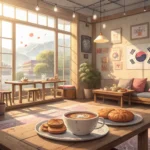 Cozy Korean cafe interior featuring a sought-after empty window seat with two coffee cups placed nea...