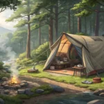 Close-up of an unzipped tent flap at a campsite in a Korean forest setting, symbolizing a potential...