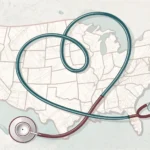 Minimalist illustration of a stethoscope forming a heart over a map of South Korea, symbolizing heal...