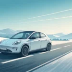 Illustration of a modern car in a stylized Korean city setting, symbolizing the car-sharing industry...