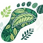 Stylized footprint icon made of green leaves against a soft-focus Korean pine forest background, sym...