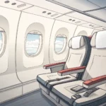 Illustration of empty airplane window and aisle seats, representing the choice when changing seats o...