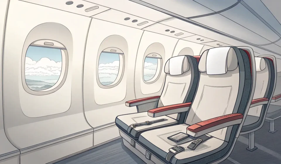 Illustration of empty airplane window and aisle seats, representing the choice when changing seats o...