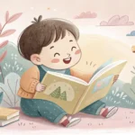 Illustration of a happy Korean child reading a colorful picture book, representing learning Korean t...
