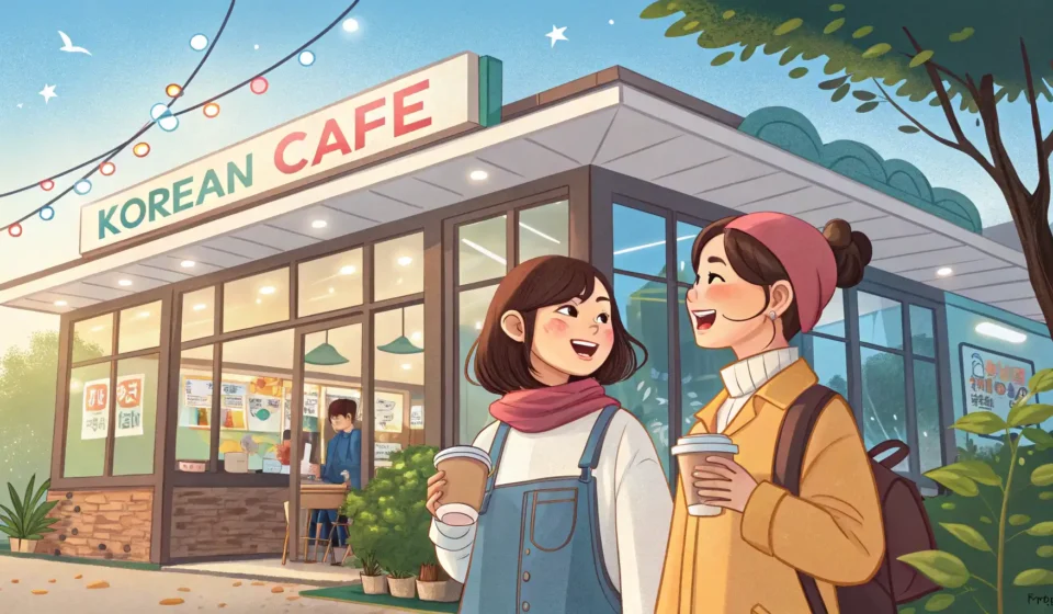 Illustration of two friends looking indecisive while choosing between brunch cafes outside a modern...