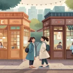 Illustration of two friends looking indecisive while standing between two different Korean coffee sh...