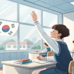 Illustration depicting a student raising their hand to ask a question in a Korean classroom setting...