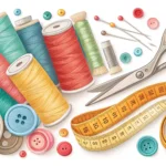 Tailoring tools including spools of thread, scissors, and a measuring tape laid out on fabric, repre...