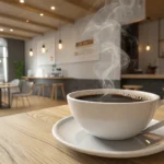 A steaming cup of black coffee sits on a table in a modern Korean cafe, illustrating the topic of or...