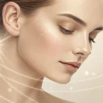 Minimalist illustration of radiant facial skin, symbolizing Korean skincare and the topic of collage...