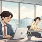 Two Korean colleagues in a modern office setting, one appearing stressed and asking for urgent help...